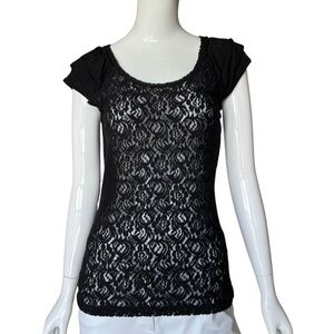 INC International Concepts Sheer Black Lace Top With Flutter Cap Sleeves Size M